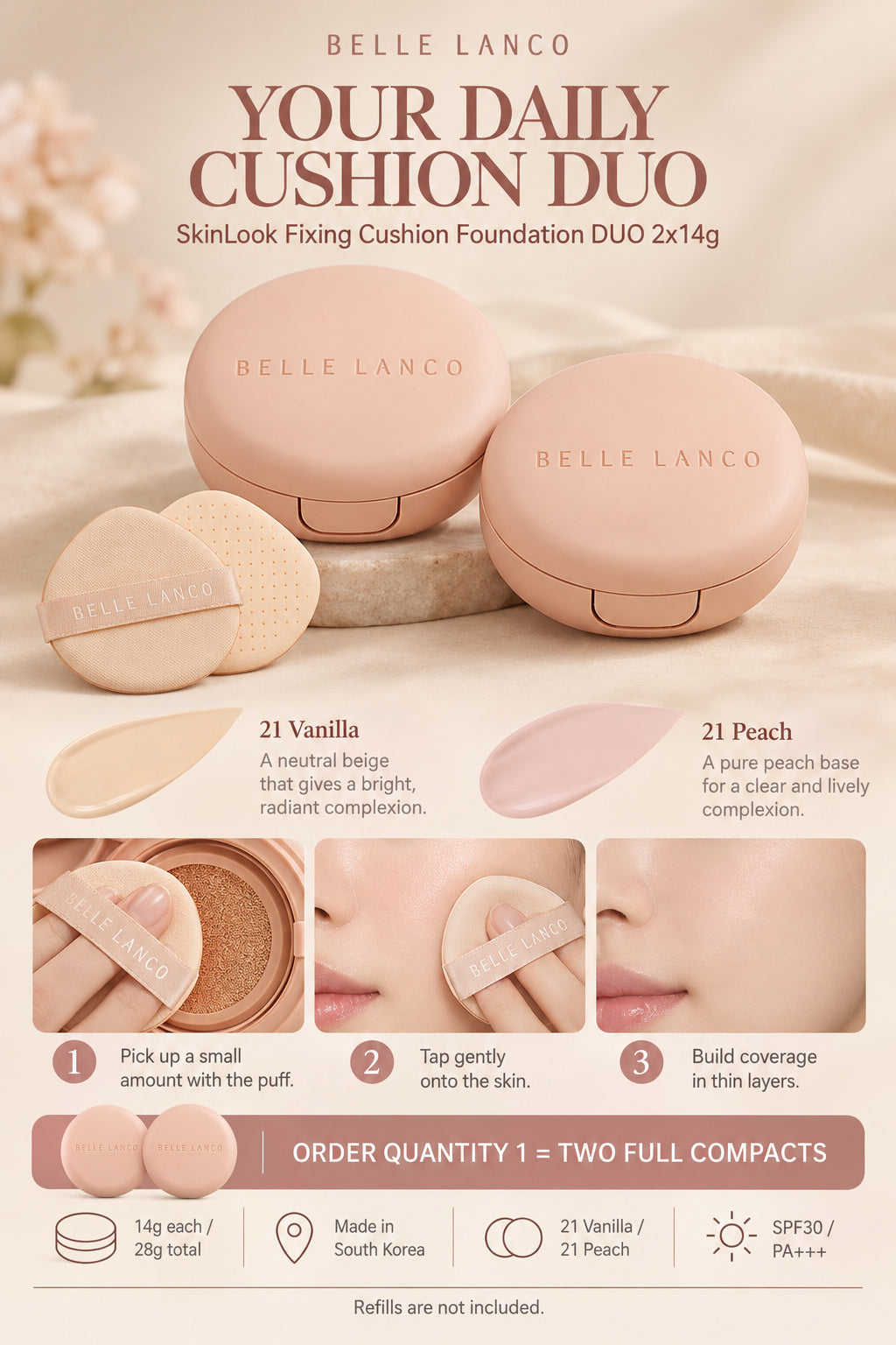 BELLE LANCO SkinLook Fixing Cushion Foundation Duo SPF30 PA+++ – 2 × 14g