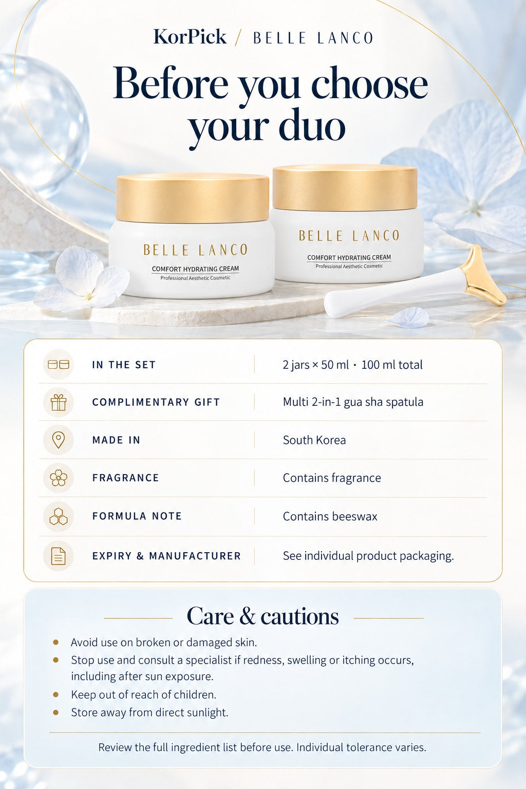 BELLE LANCO Comfort Hydrating Azulene Cream Duo | 2 × 50 ml + Complimentary Gua Sha Spatula