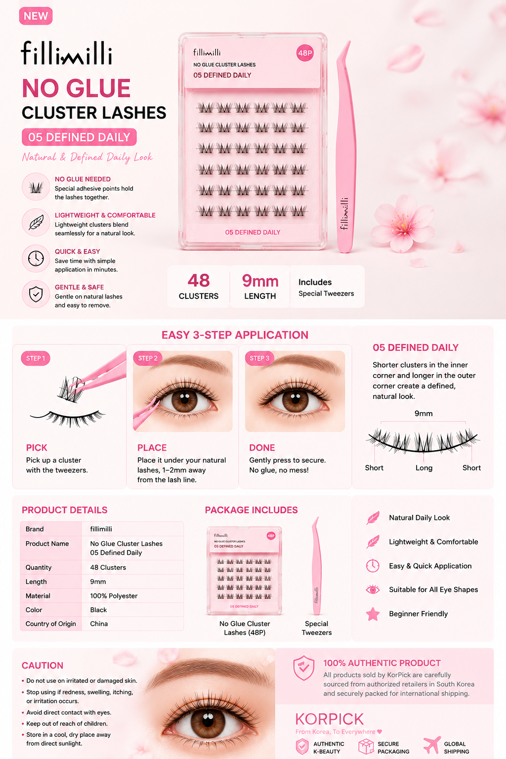 fillimilli No Glue Cluster Lashes 05 Doryeot Daily (48P) | Korean False Eyelashes