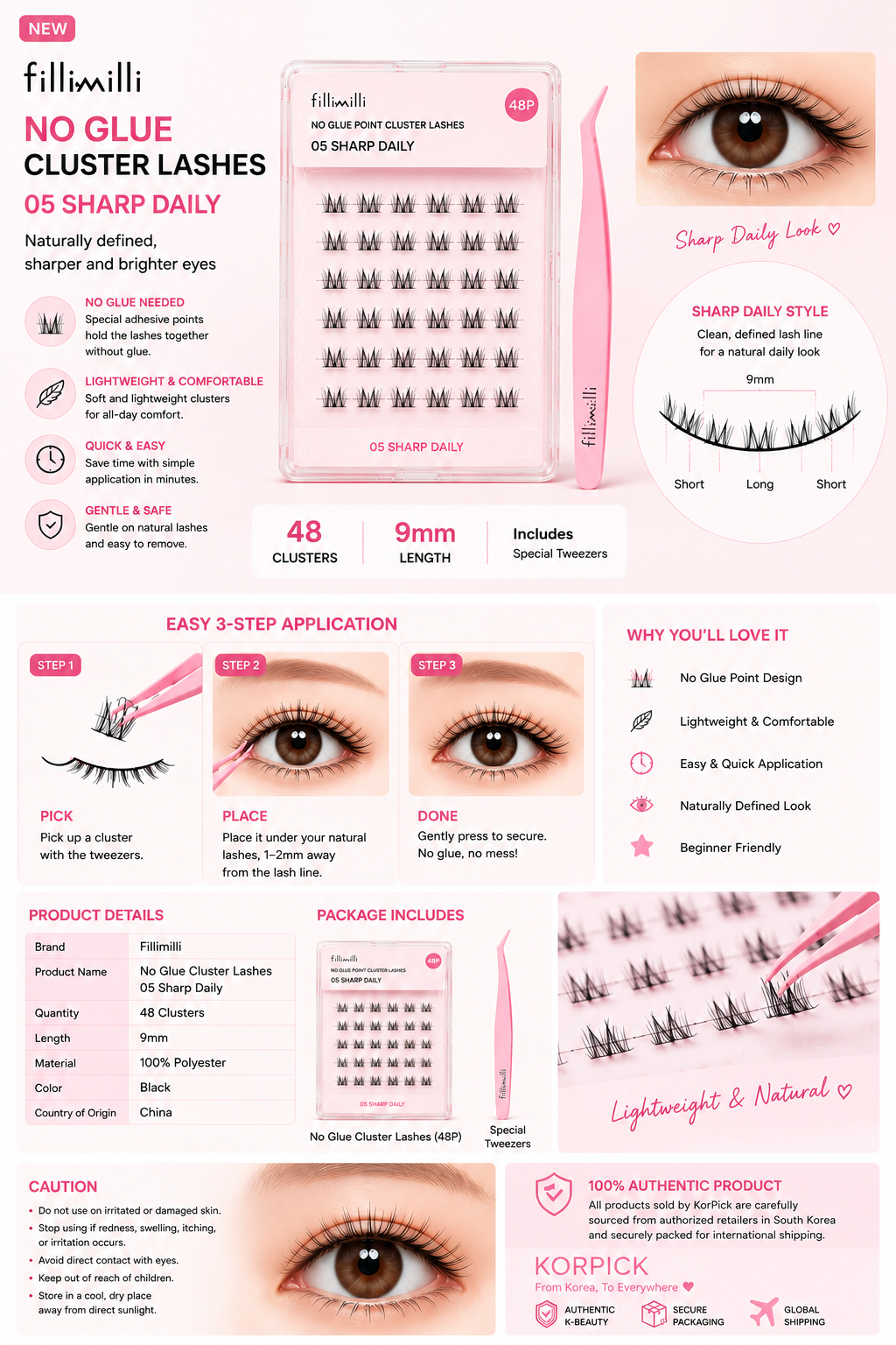 Fillimilli No Glue Cluster Lashes 05 Sharp Daily (48P) | Korean False Eyelashes