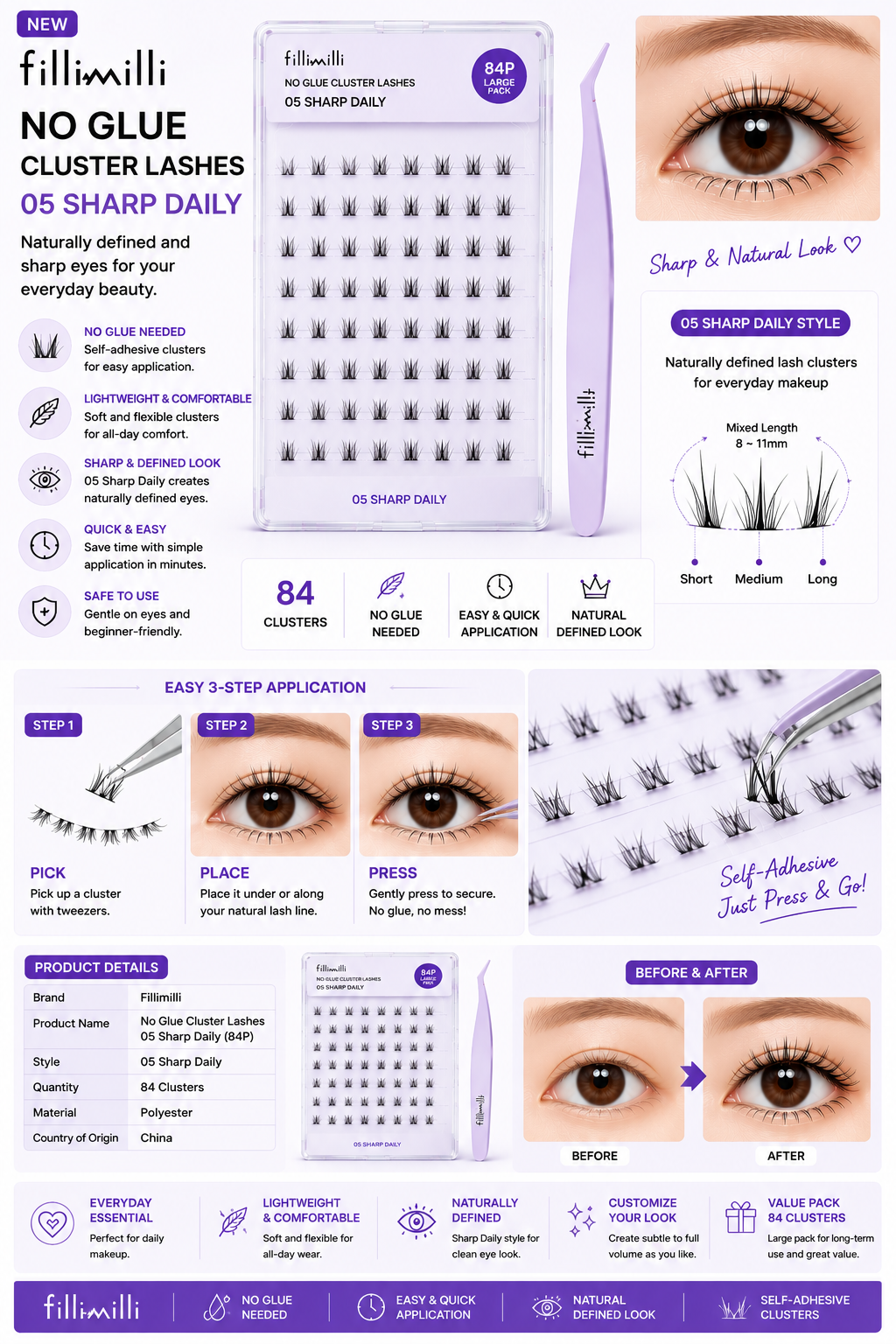 Fillimilli No Glue Cluster Lashes 05 Sharp Daily (84P Large Pack) | Korean False Eyelashes