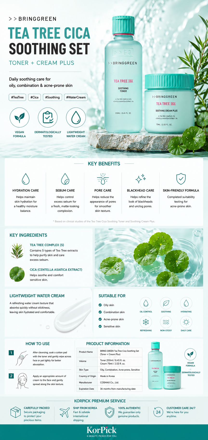 BRINGGREEN Tea Tree Cica Soothing Toner 250ml - Korean Tea Tree Toner for Oily & Acne-Prone Skin