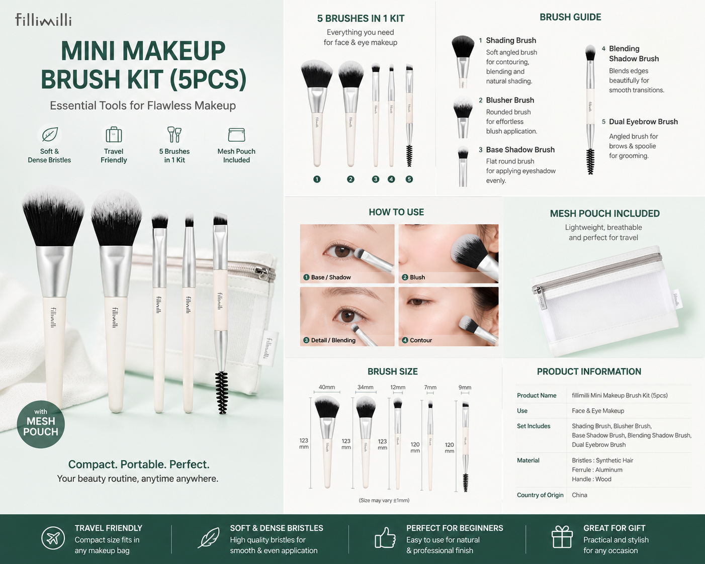 Fillimilli Mini Makeup Brush Kit (5-Piece) + Mesh Pouch