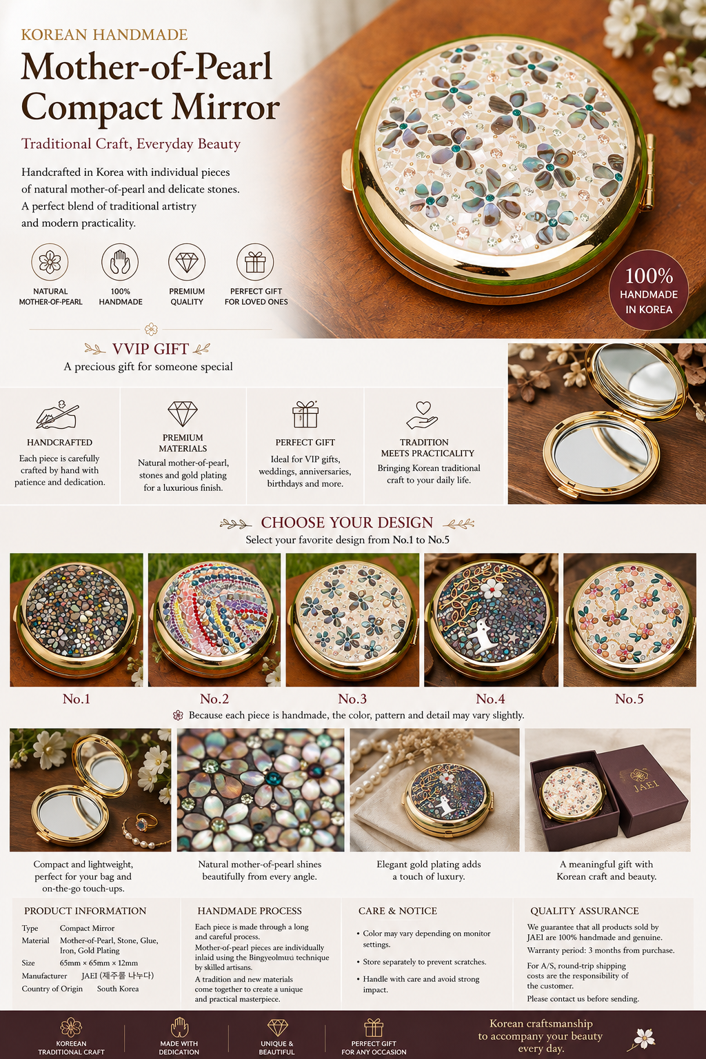 Korean handmade mother-of-pearl compact mirror with gold-tone frame and intricate shell mosaic design