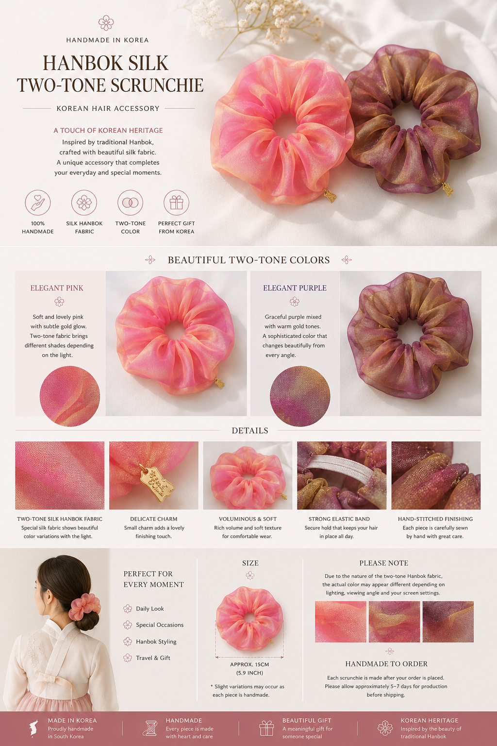 Handmade Hanbok Silk Two-Tone Scrunchie | Korean Hair Accessory