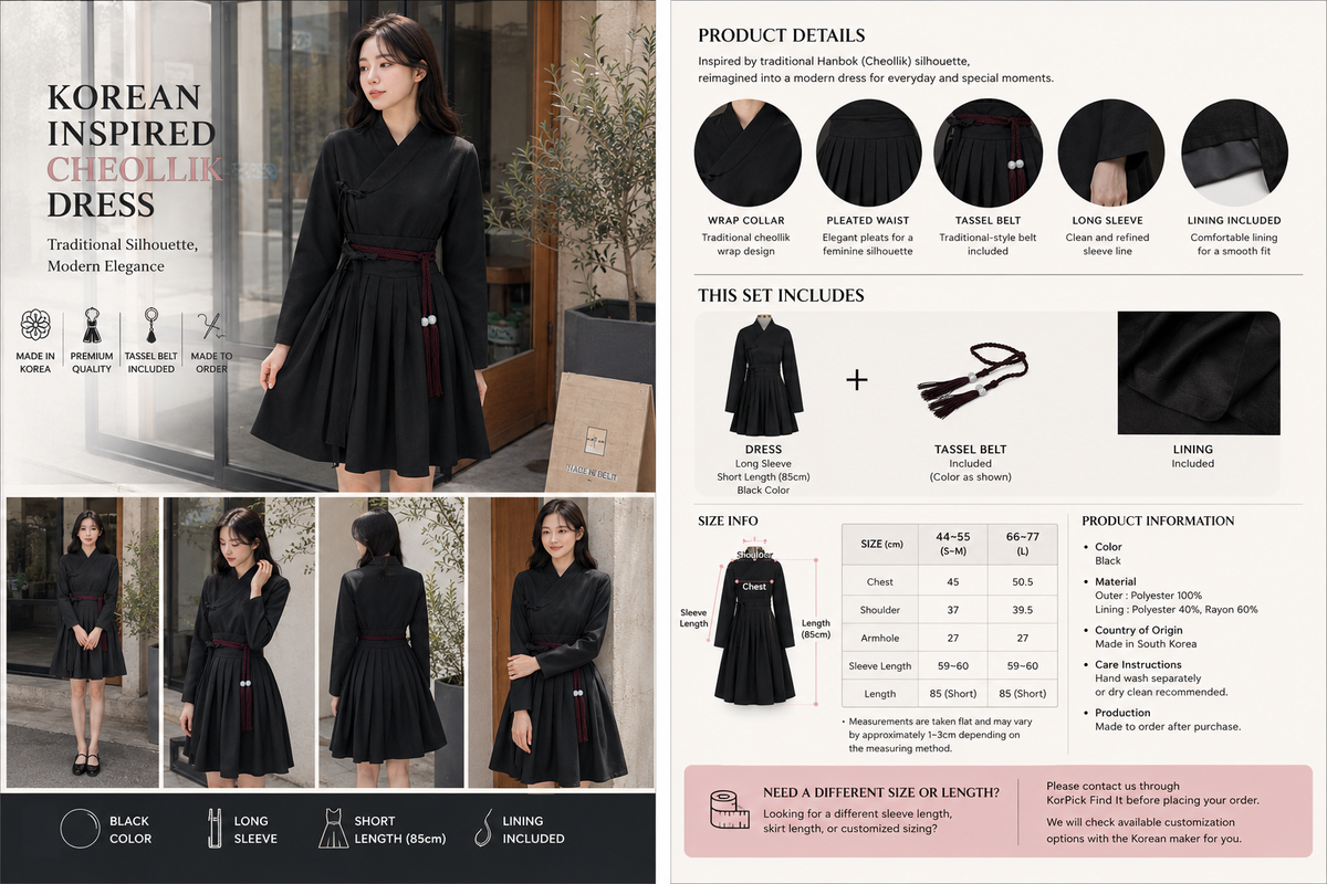 Korean-inspired black Cheollik dress with traditional tassel belt