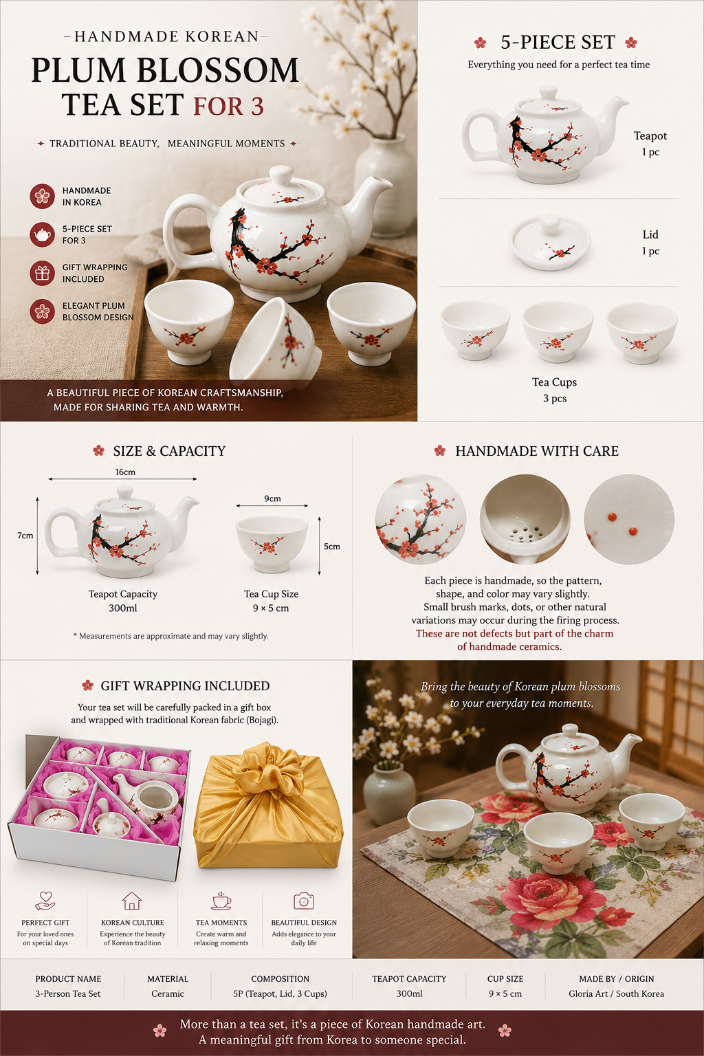 Handmade Korean plum blossom ceramic tea set with teapot and three cups