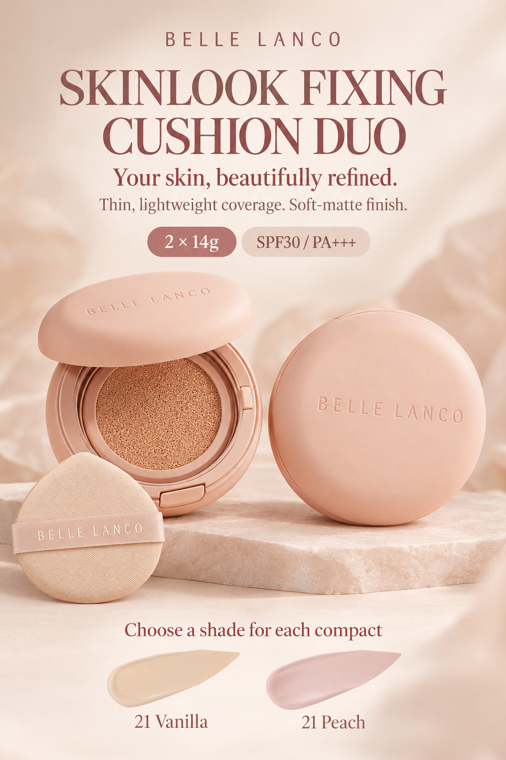 BELLE LANCO SkinLook Fixing Cushion Foundation Duo SPF30 PA+++ with two 14g compacts and swatches of 21 Vanilla and 21 Peach.