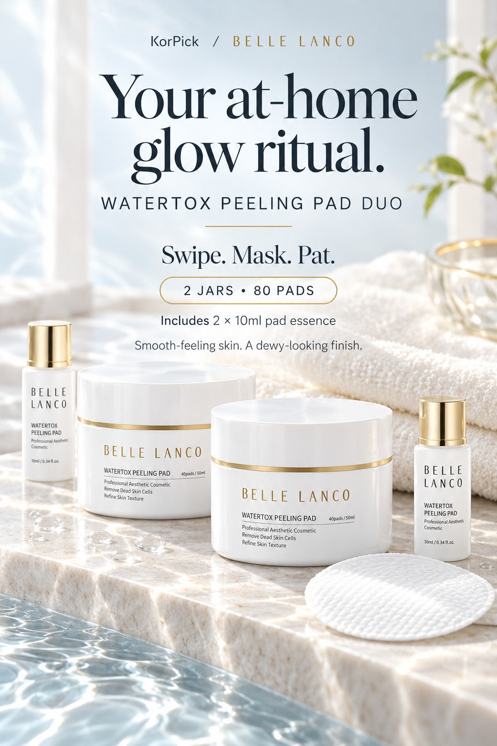 BELLE LANCO Watertox Peeling Pad Duo: 80 pads and two included 10 ml essence bottles.