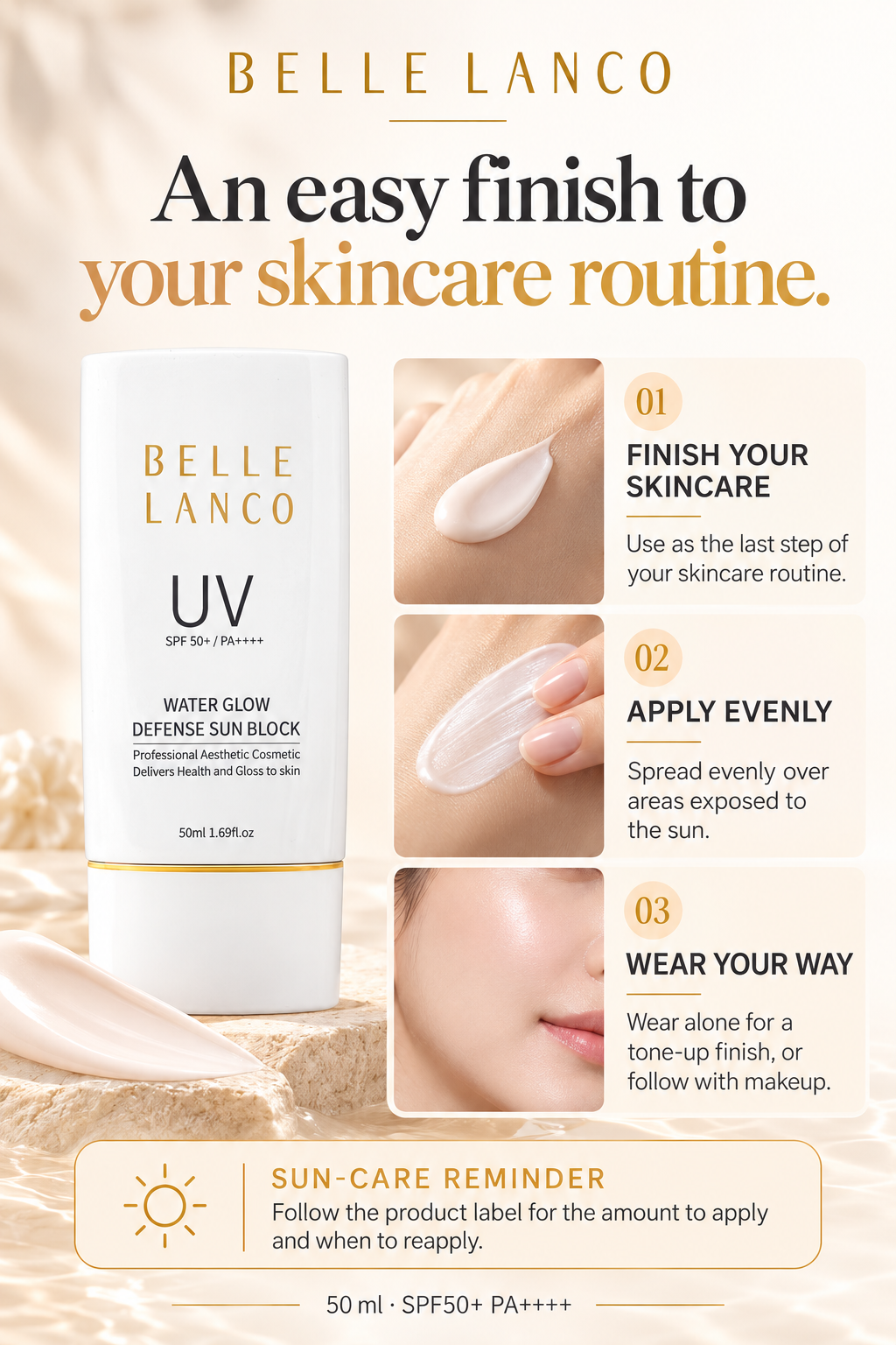 BELLE LANCO Water Glow Defense Tone-Up Sunscreen SPF50+ PA++++ 50ml × 2