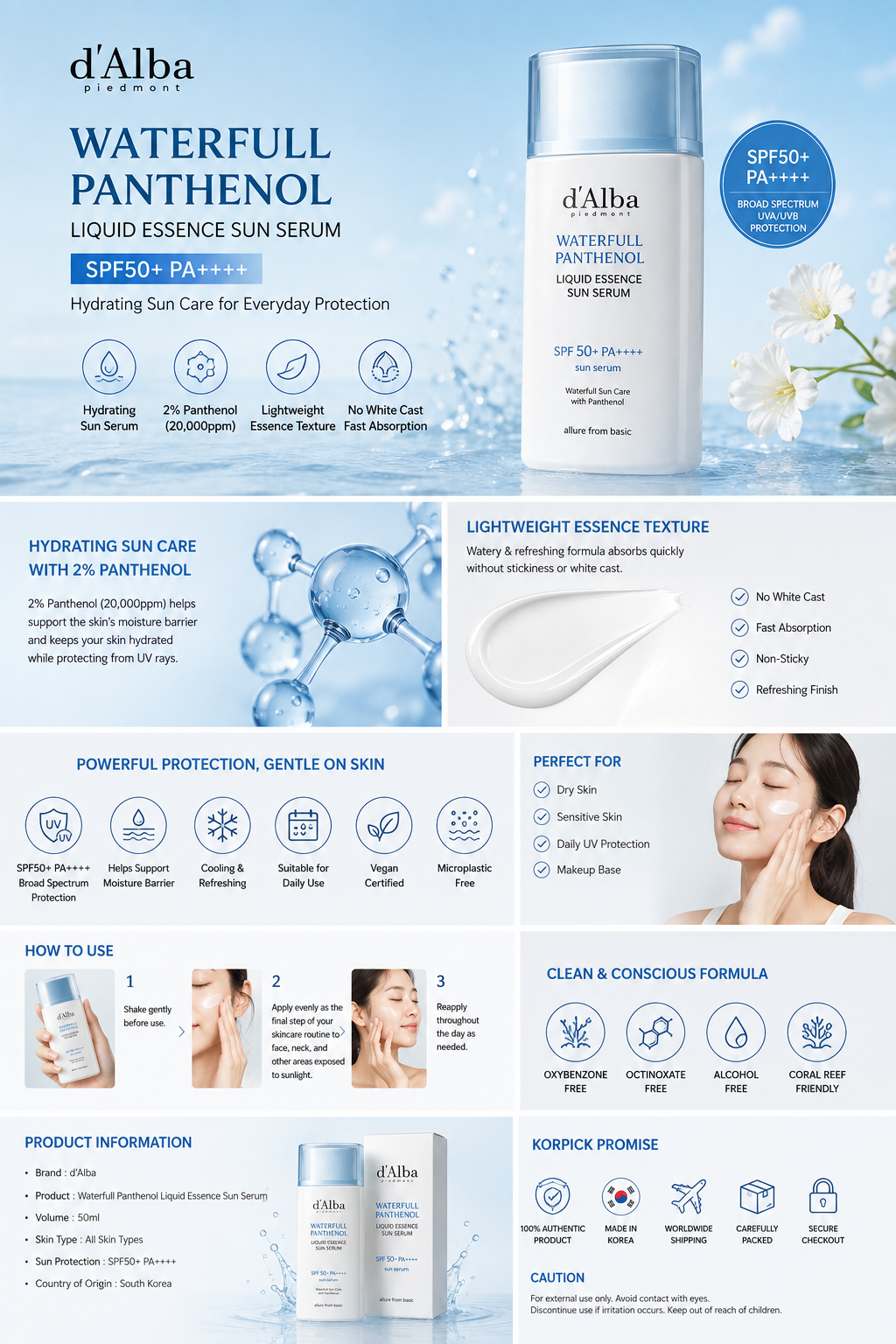 d'Alba Waterfull Panthenol Liquid Essence Sun Serum SPF50+ PA++++ 50ml hydrating Korean sunscreen with lightweight essence texture.