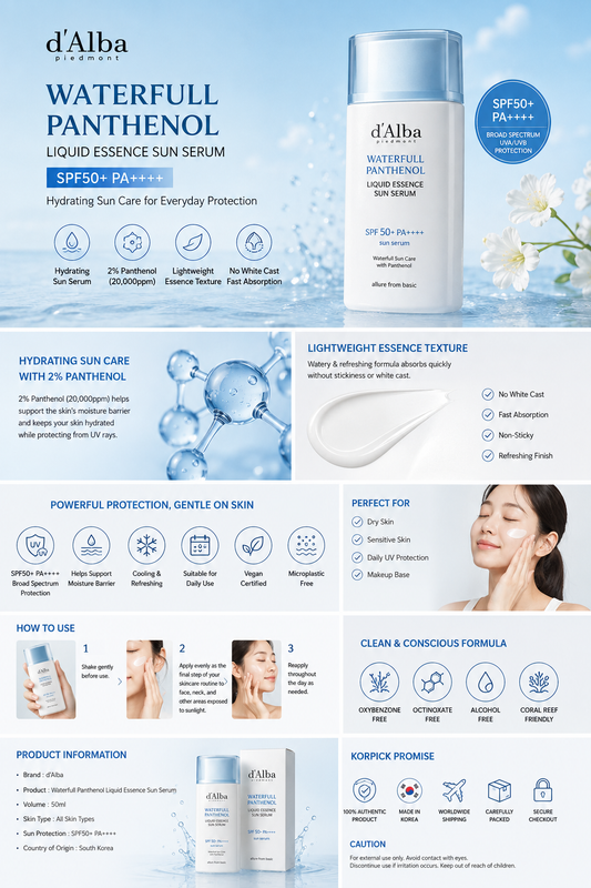 d'Alba Waterfull Panthenol Liquid Essence Sun Serum SPF50+ PA++++ 50ml hydrating Korean sunscreen with lightweight essence texture.