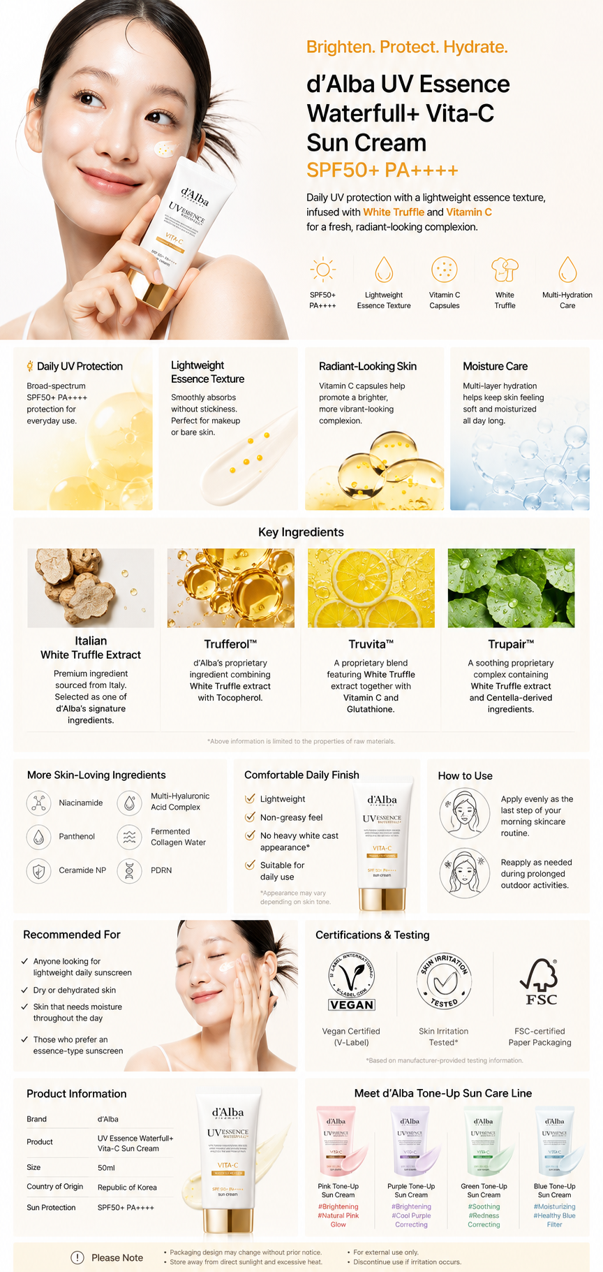 d'Alba UV Essence Waterfull+ Vita-C Sun Cream SPF50+ PA++++ with Italian White Truffle and Vitamin C Capsules, lightweight daily sunscreen from Korea