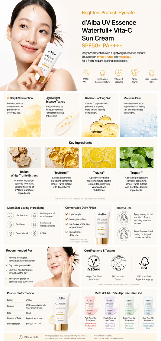 d'Alba UV Essence Waterfull+ Vita-C Sun Cream SPF50+ PA++++ with Italian White Truffle and Vitamin C Capsules, lightweight daily sunscreen from Korea