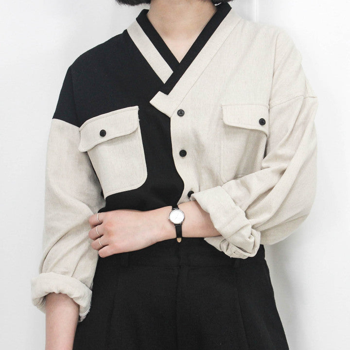 SOONGAN Modern Hanbok Color Block Shirt | Unisex Korean Linen Cotton Shirt