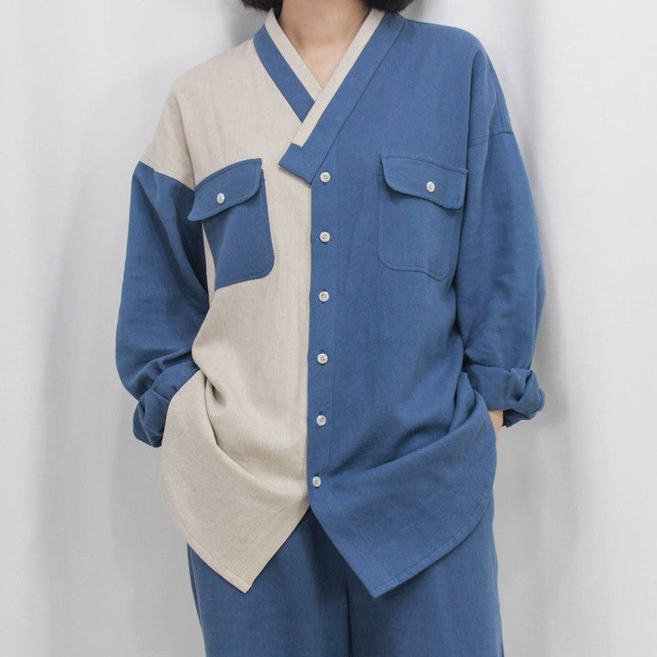SOONGAN Modern Hanbok Color Block Shirt | Unisex Korean Linen Cotton Shirt