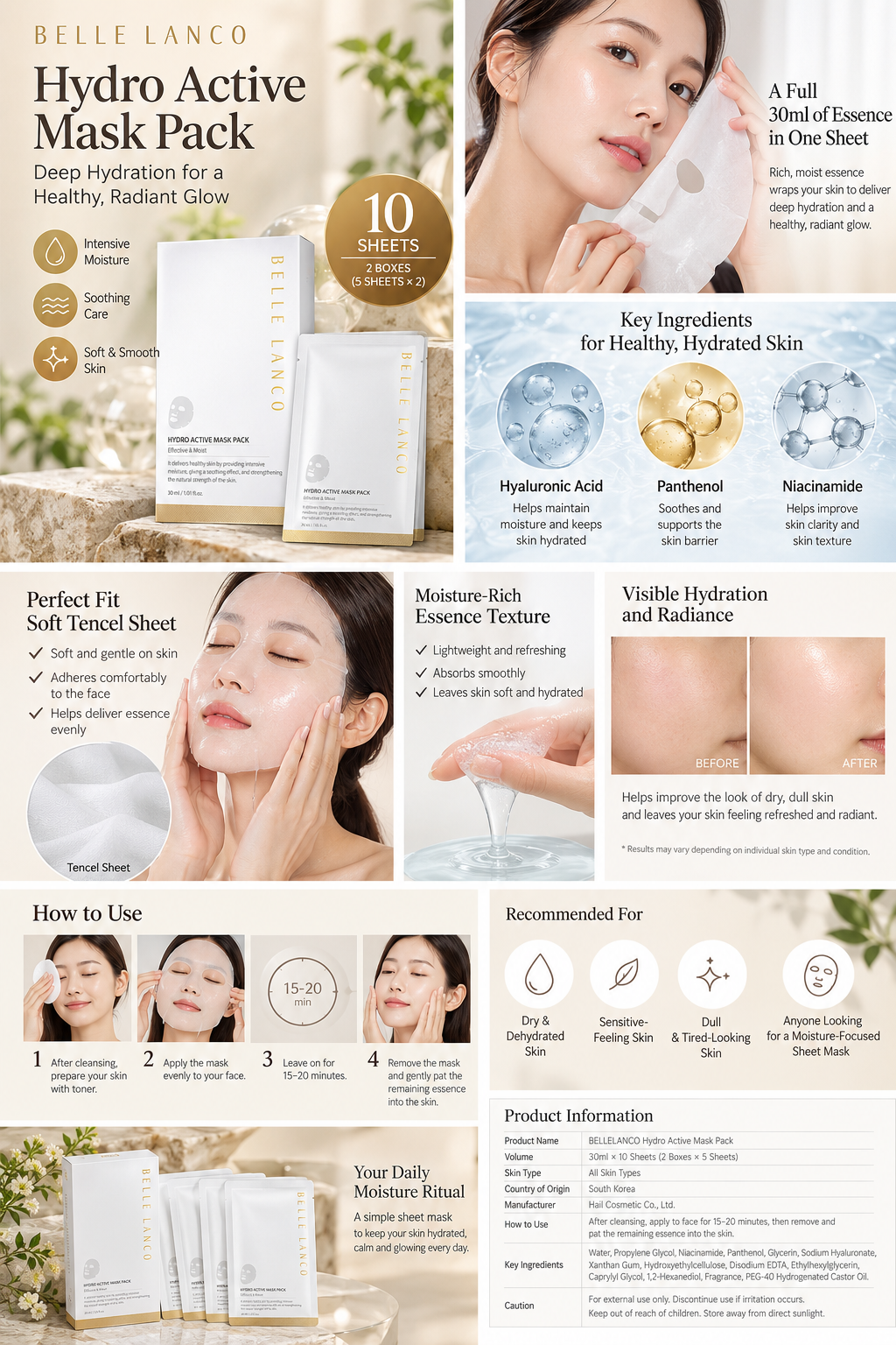 BELLELANCO Hydro Active Mask Pack 30ml × 10 Sheets | Korean Hydrating Sheet Mask