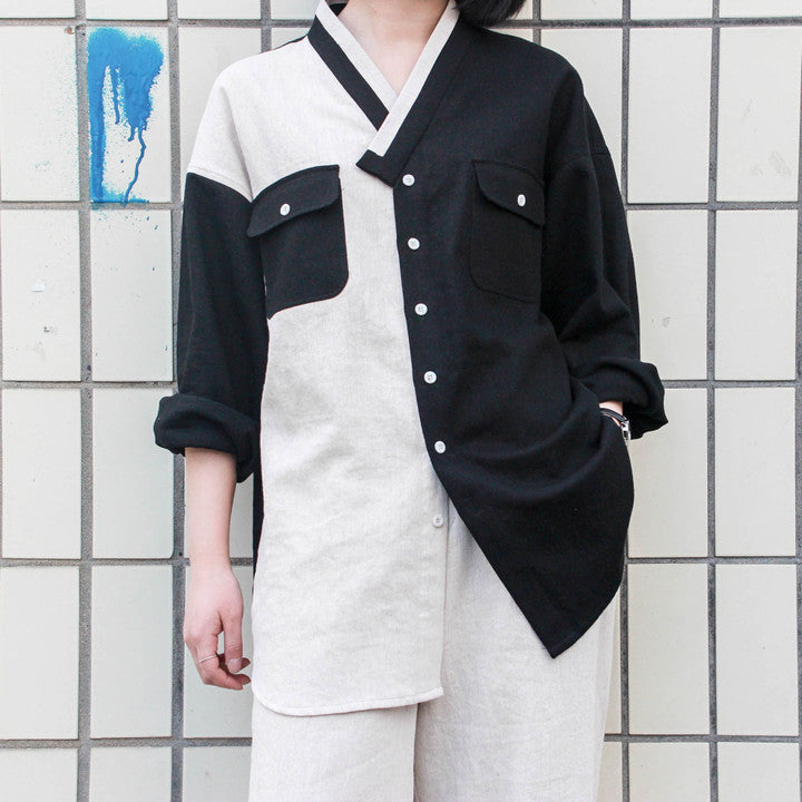 SOONGAN Modern Hanbok Color Block Shirt | Unisex Korean Linen Cotton Shirt