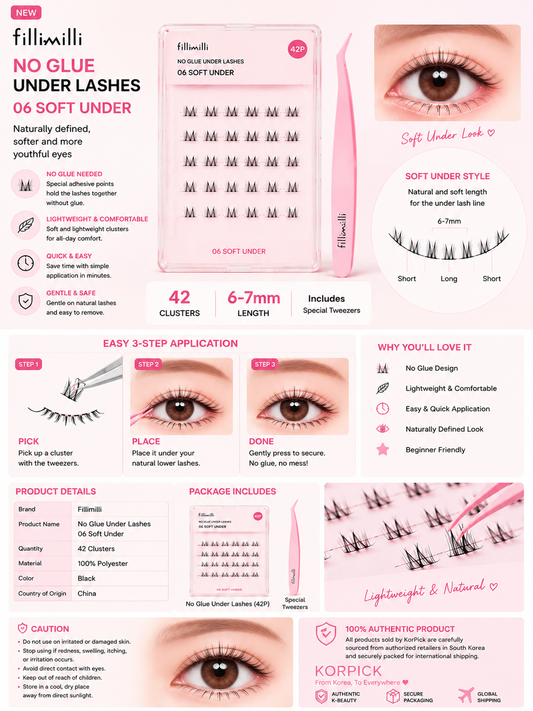 Fillimilli No Glue Under Lashes 06 Soft Under (42P) | Korean False Eyelashes