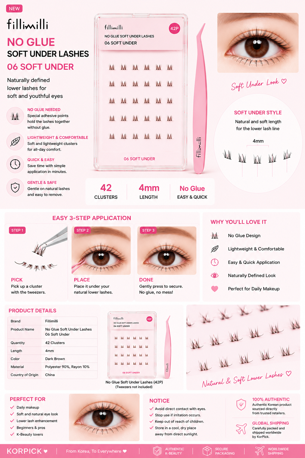 Fillimilli No Glue Soft Under Lashes 06 (42P) | Korean Lower False Eyelashes