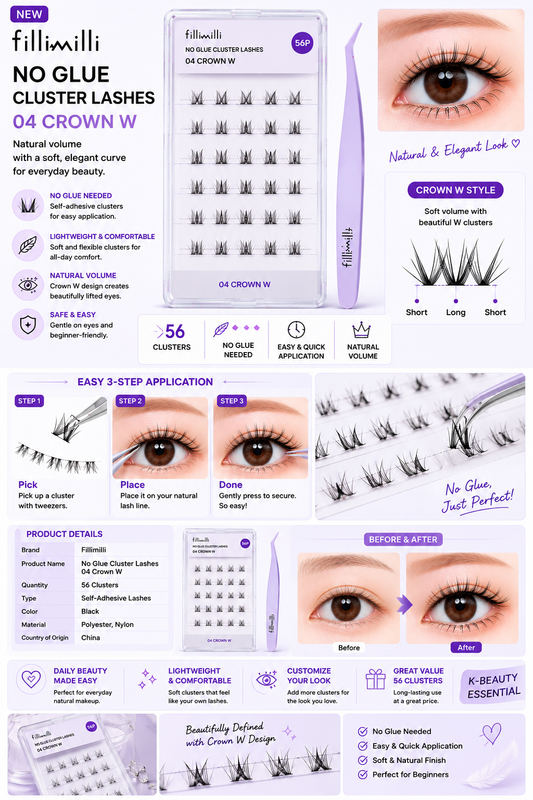 Fillimilli No Glue Cluster Lashes 04 Crown W (56P) | Korean False Eyelashes