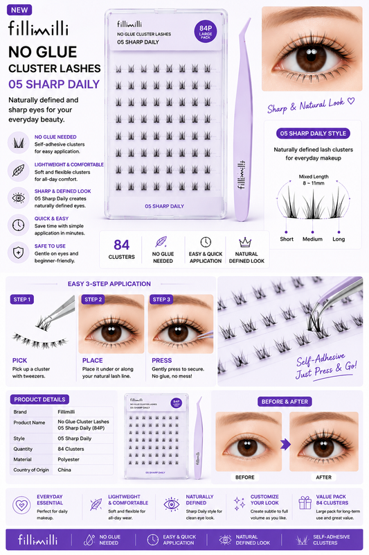 Fillimilli No Glue Cluster Lashes 05 Sharp Daily (84P Large Pack) | Korean False Eyelashes
