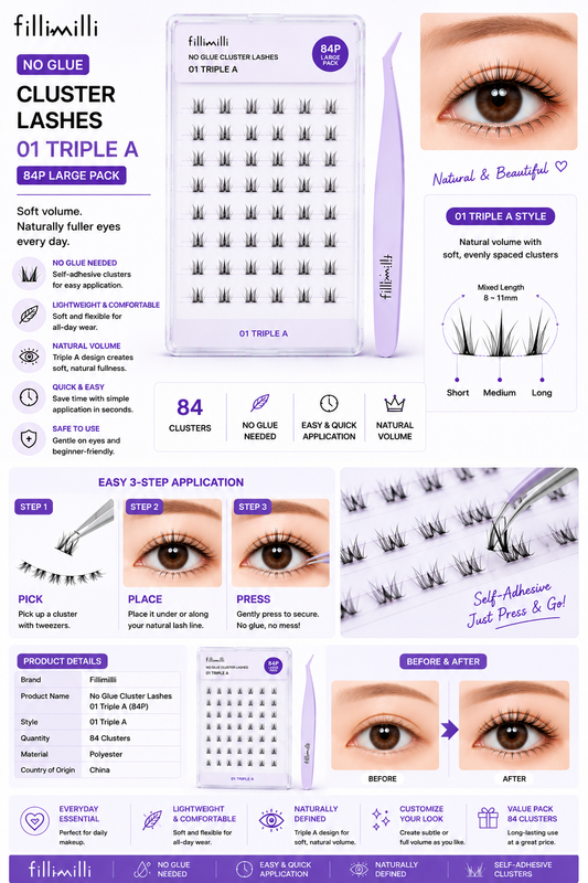 Fillimilli No Glue Cluster Lashes 01 Triple A (84P Large Pack) | Korean False Eyelashes