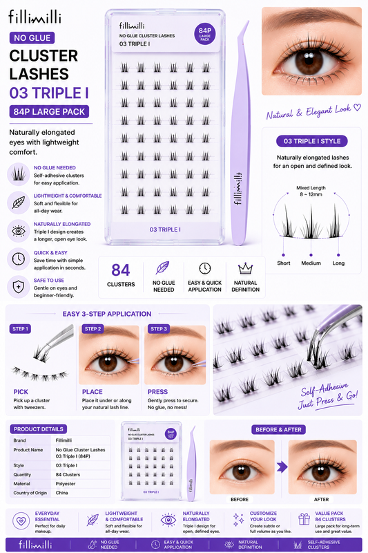 Fillimilli No Glue Cluster Lashes 03 Triple I (84P Large Pack) | Korean False Eyelashes