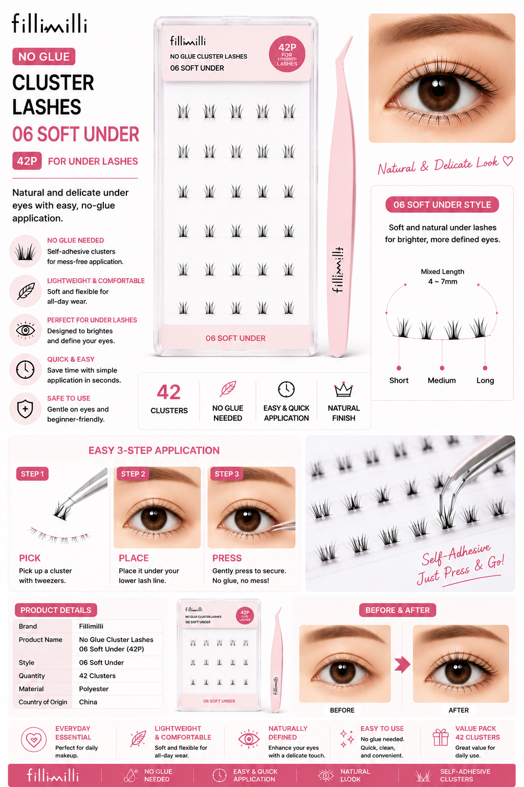 Fillimilli No Glue Cluster Lashes 06 Soft Under (42P) | Korean Under Lashes