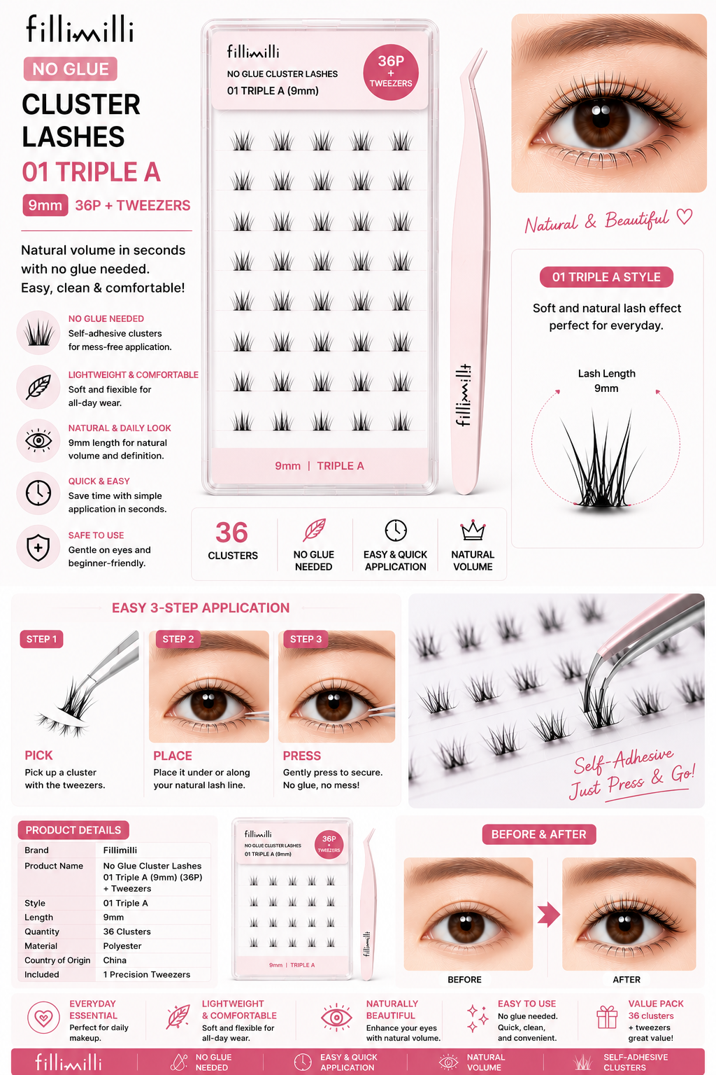 Fillimilli No Glue Cluster Lashes 01 Triple A (9mm) (36P) + Tweezers | Korean False Eyelashes