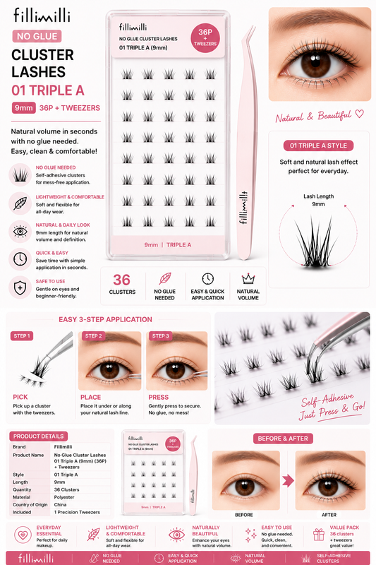 Fillimilli No Glue Cluster Lashes 01 Triple A (9mm) (36P) + Tweezers | Korean False Eyelashes