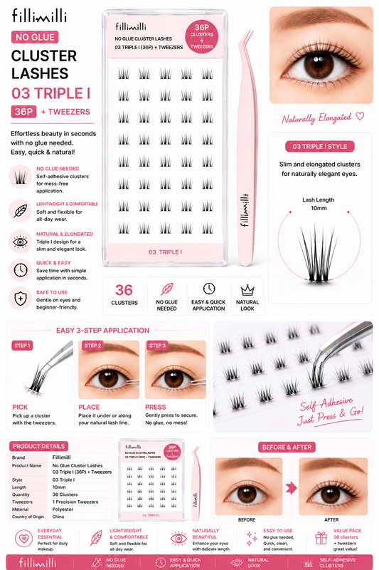 Fillimilli No Glue Cluster Lashes 03 Triple I (36P) + Tweezers | Korean False Eyelashes