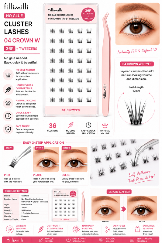 Fillimilli No Glue Cluster Lashes 04 Crown W (36P) + Tweezers | Korean False Eyelashes