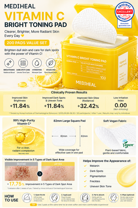 MEDIHEAL Vitamin C Bright Toning Pad Value Set (200 Pads) | Vitamide Brightening Toner Pads
