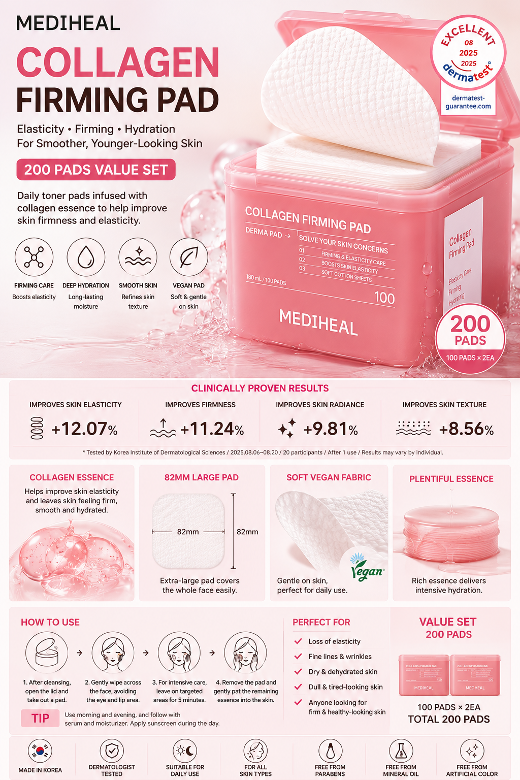 MEDIHEAL Collagen Firming Pad Value Set (200 Pads) | Korean Firming Toner Pads