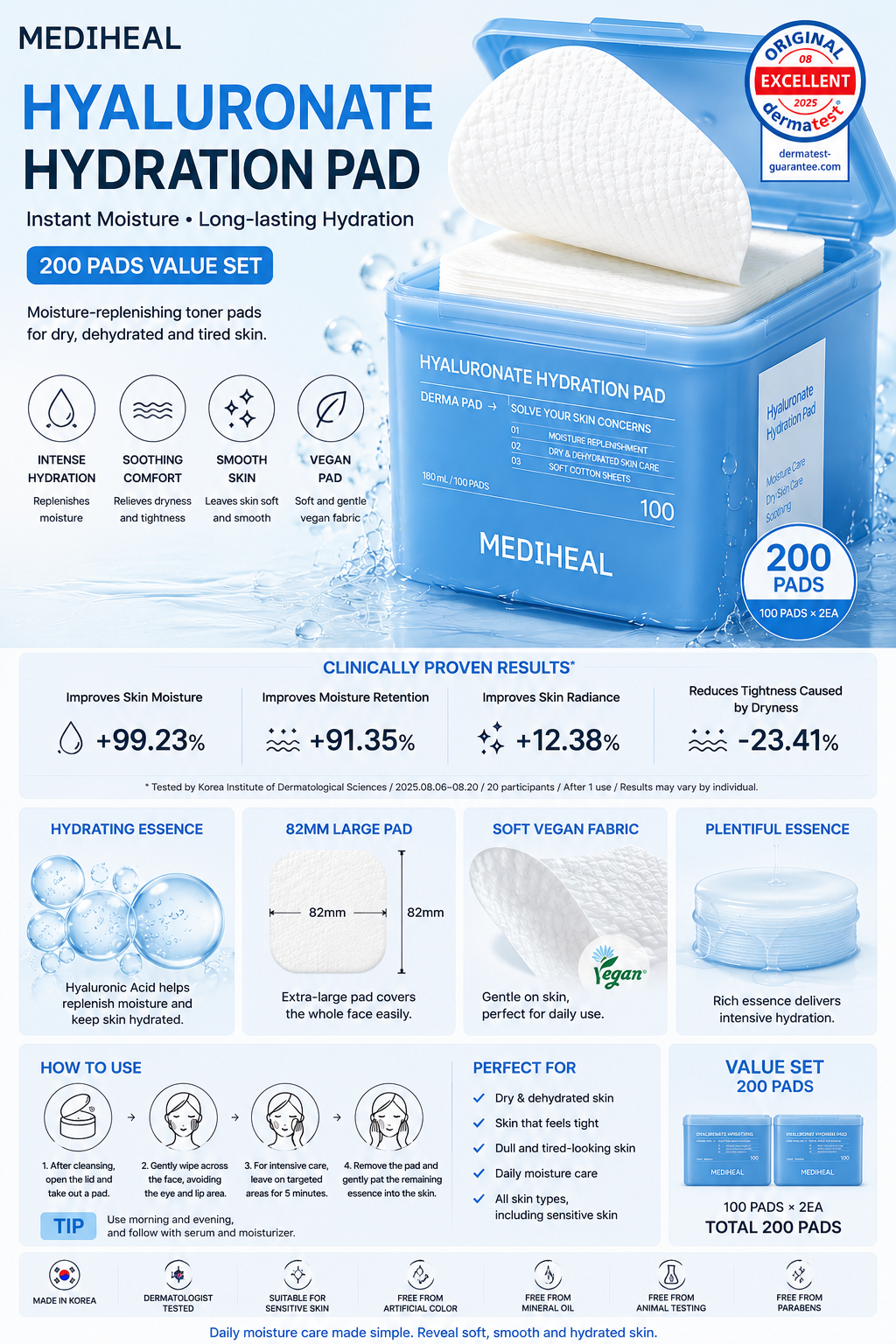 MEDIHEAL Hyaluronate Hydration Pad 200 Pads Korean hydrating toner pad value set