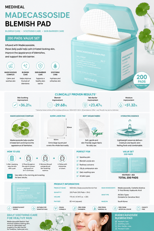 MEDIHEAL Madecassoside Blemish Pad 200 Pads Korean Soothing Toner Pads