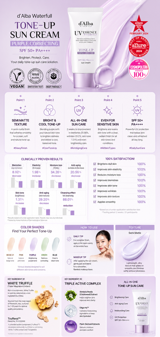 d'Alba UV Essence Waterfull Purple Tone-Up Sun Cream SPF50+ PA++++ 50ml Korean Vegan Sunscreen