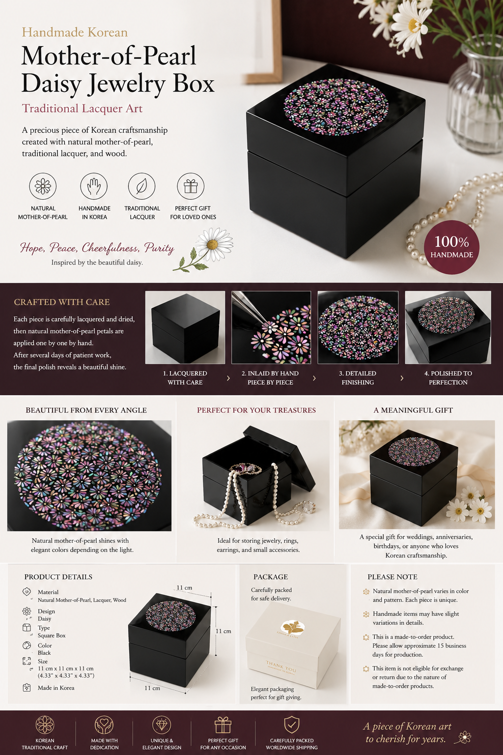 Handmade Korean Mother-of-Pearl Daisy Jewelry Box | Traditional Lacquer Art