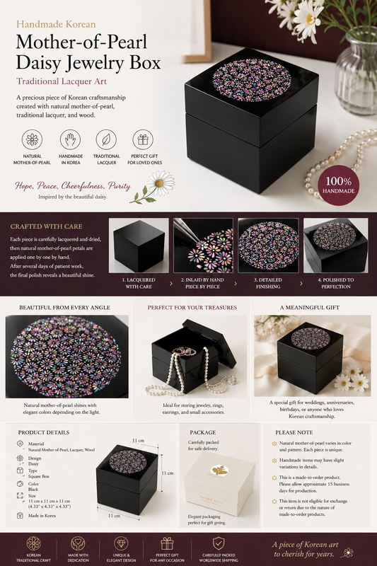 Handmade Korean Mother-of-Pearl Daisy Jewelry Box | Traditional Lacquer Art