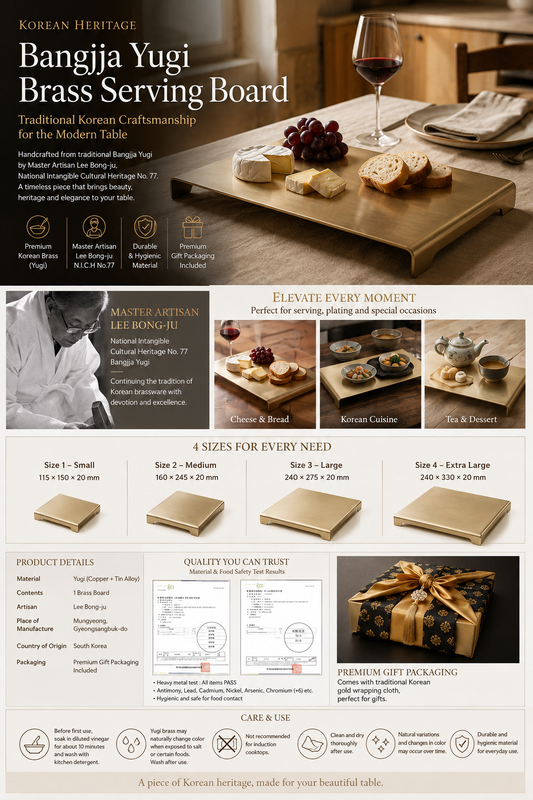 Korean Bangjja Yugi brass serving and plating board
Traditional Korean brass serving board
Korean brass plating board for cheese and table setting
Bangjja Yugi serving board handcrafted in Korea
Premium Korean brass tableware serving board
Korean traditional Yugi brass plating board
Bangjja Yugi brass board gift packaging