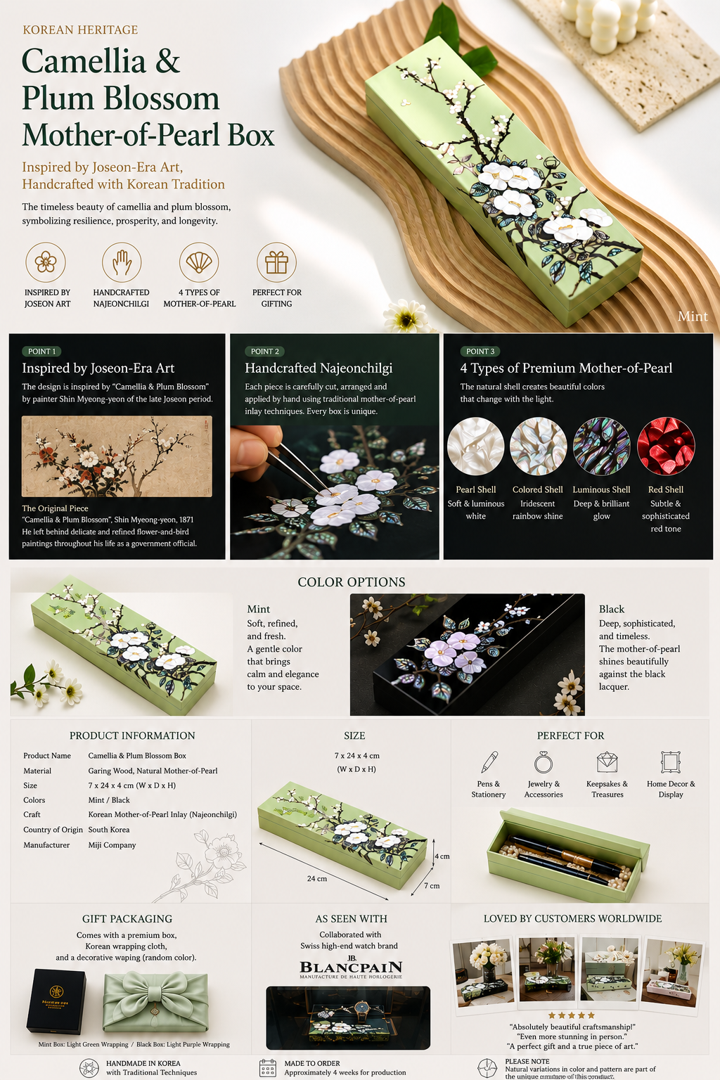 Handmade Korean mother-of-pearl keepsake box inspired by Joseon floral art