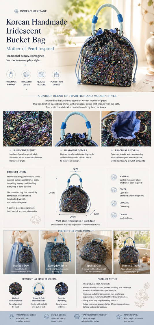 Korean handmade iridescent quilted bucket bag with light blue handle