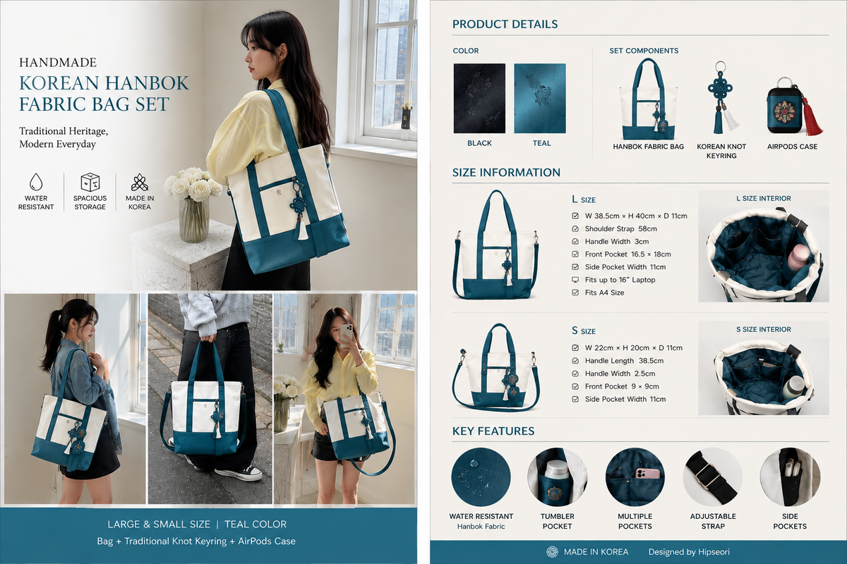 Teal Korean Hanbok fabric tote bag styled with contemporary everyday fashion