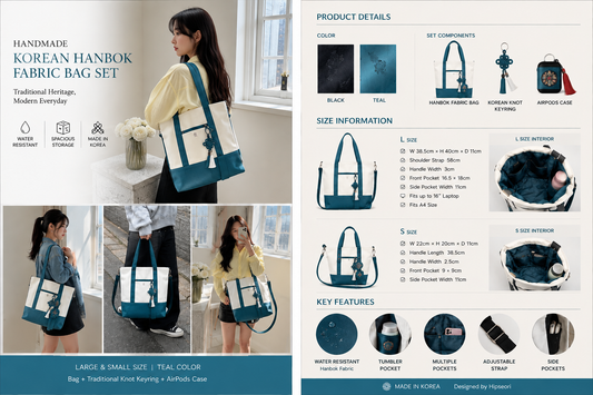Teal Korean Hanbok fabric tote bag styled with contemporary everyday fashion