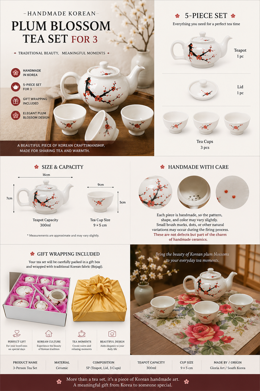 Handmade Korean plum blossom ceramic tea set with teapot and three cups