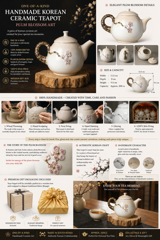 One-of-a-kind handmade Korean plum blossom ceramic teapot