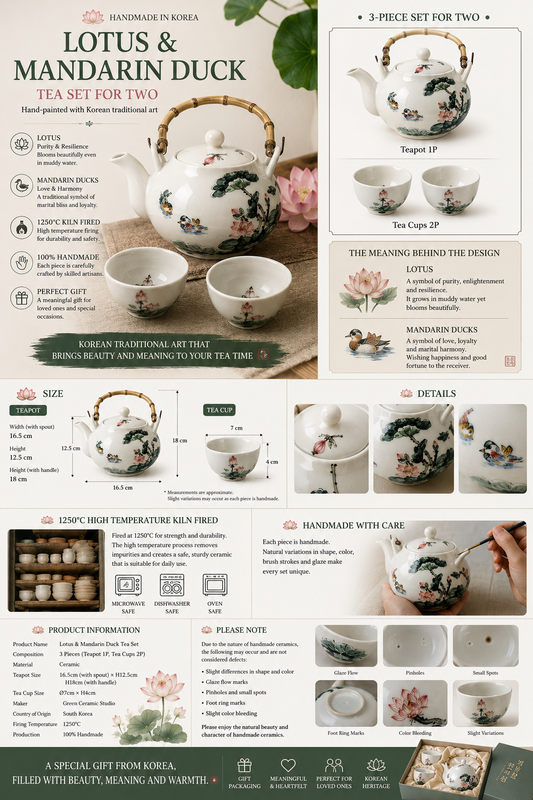 Handmade Korean lotus and mandarin duck ceramic teapot with bamboo handle