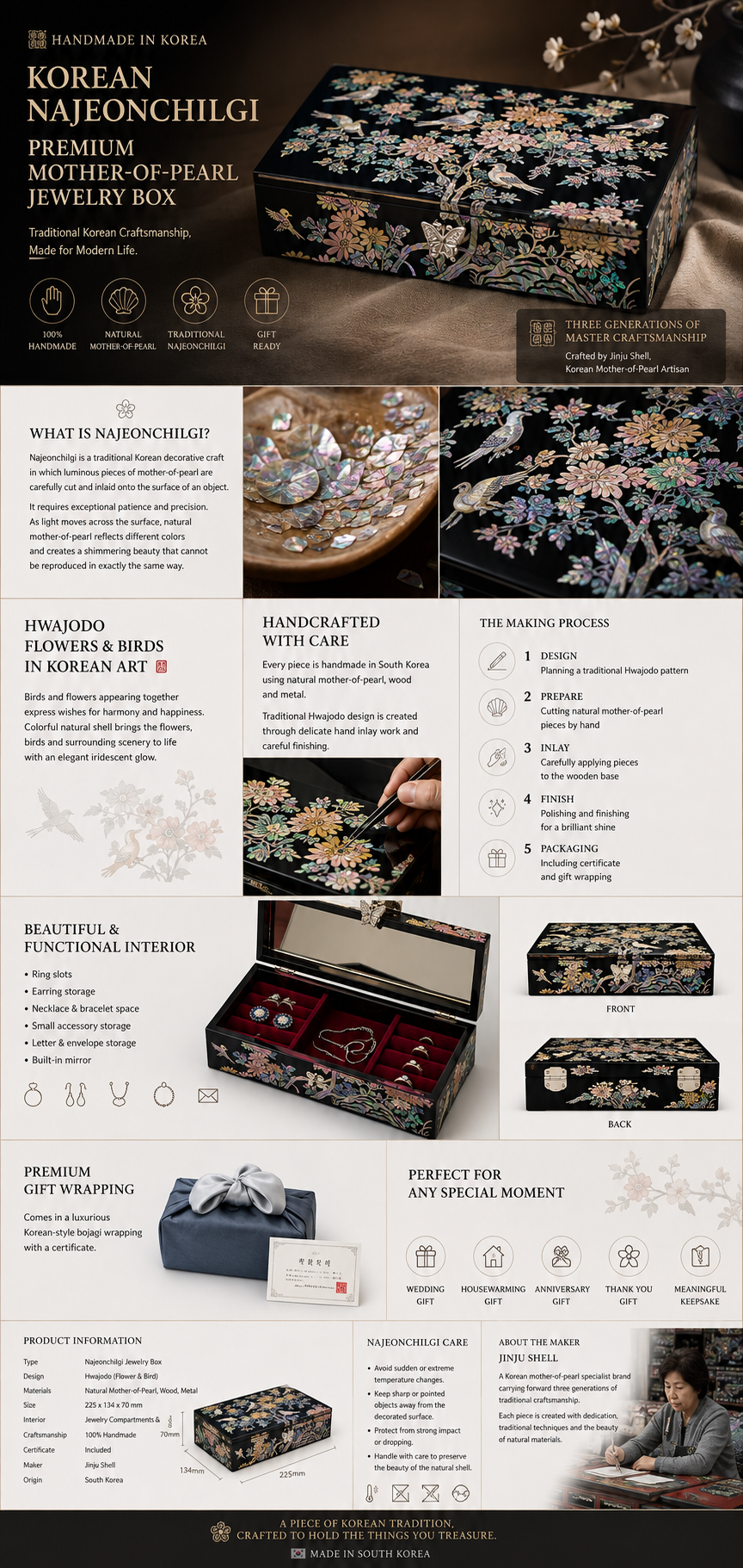 Open Korean mother-of-pearl jewelry box with burgundy jewelry compartments and mirror