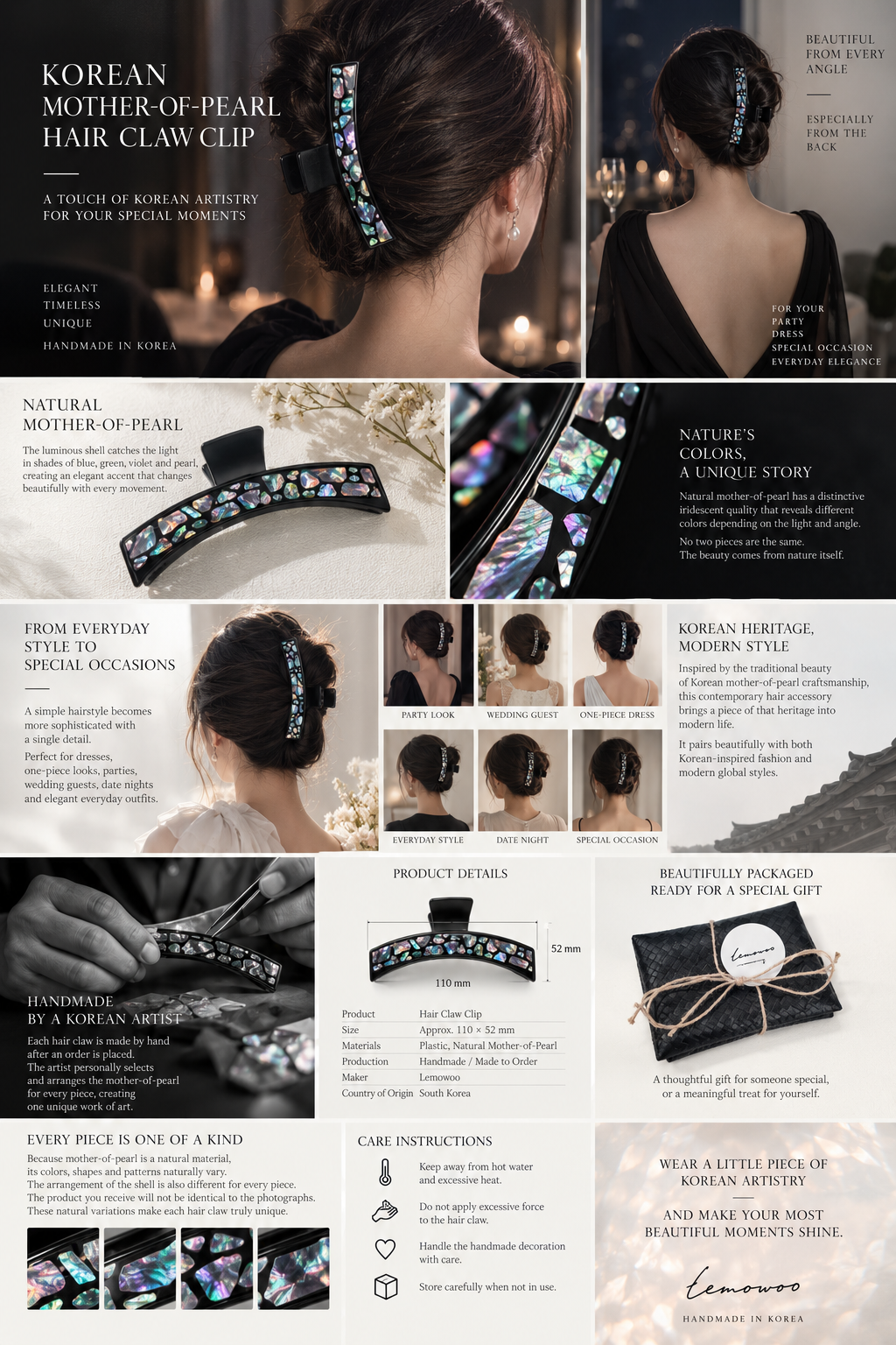 Korean mother-of-pearl hair claw styled with elegant dress and feminine updo
